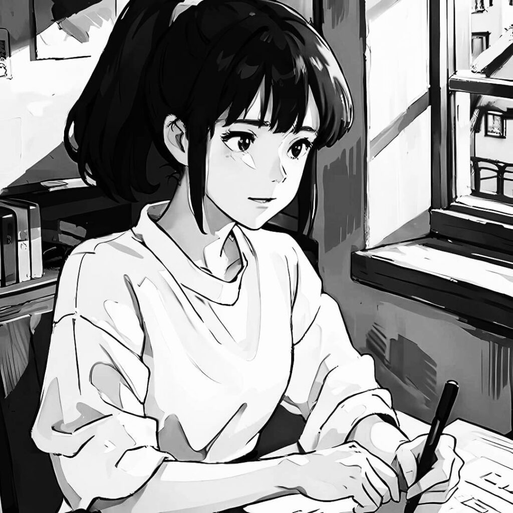 black and white anime girl pfp sitting