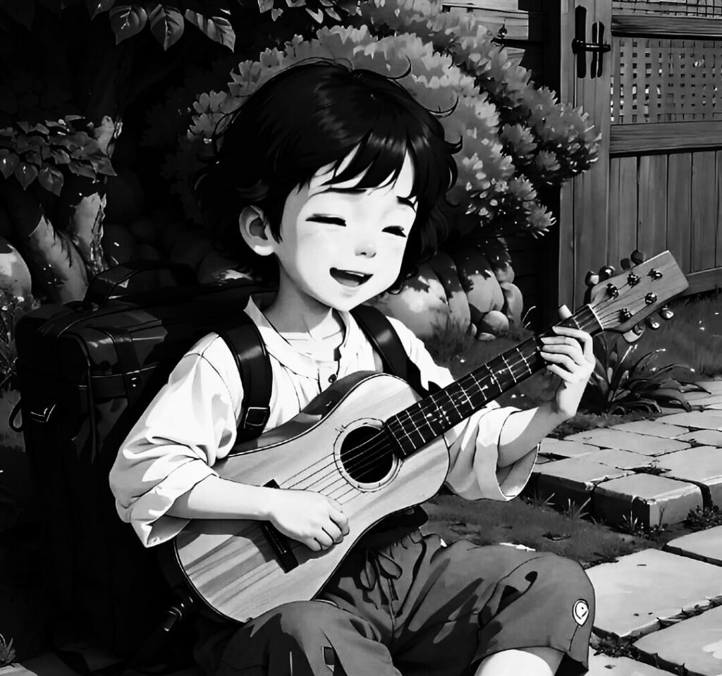 black and white anime pfp small boy guitar