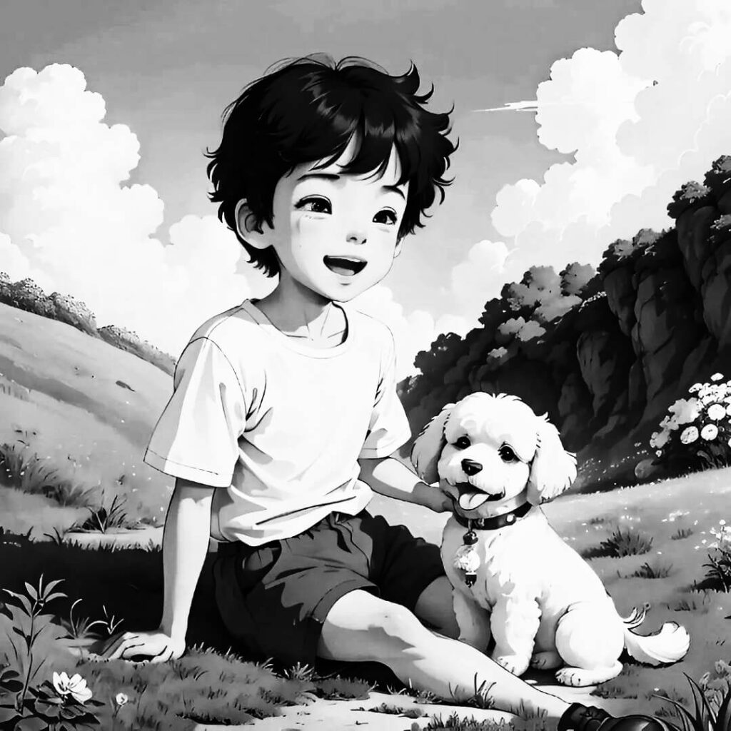 black and white anime small boy with dog