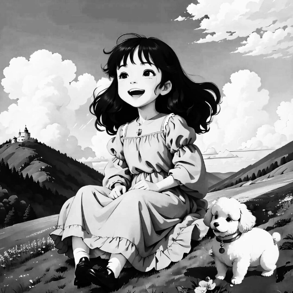 black and white anime small girl with dog
